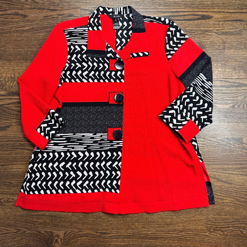 Ali Miles Red Black Mixed Print Crinkle Button Front Tunic Top XL